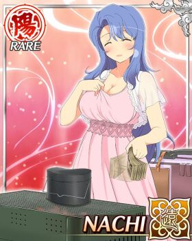 1girl blue_hair breasts camping cleavage closed_eyes cooking dress fanning game_cg holding holding_money large_breasts long_hair money money_fan nachi_(senran_kagura) non-web_source official_alternate_costume official_art open_mouth pink_dress pulling_own_clothes senran_kagura senran_kagura_new_wave smile solo stove