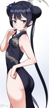 1girl absurdres artist_name ass black_dress black_hair blue_archive breasts butterfly_hair_ornament china_dress chinese_clothes crab_print double_bun dragon_print dress hair_bun hair_ornament halo highres kisaki_(blue_archive) light_smile loli long_hair looking_at_viewer looking_to_the_side saabyboi signature simple_background sleeveless sleeveless_dress small_breasts solo twintails very_long_hair