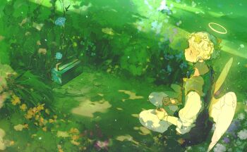 1boy angel angel_wings blue_flower flower grass halo highres leaf lingcod_dayu male_focus nature original pantyhose plant shirt sitting tall_grass toolbox vest vines white_pantyhose white_shirt wings yokozuwari