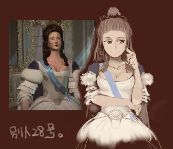 1girl 3d blue_eyes breasts brown_hair catherine_the_great civilization civilization_(series) civilization_v cleavage commentary_request crown dress gown kakkou_(su) long_hair medium_breasts reference_work ringlets smile translated