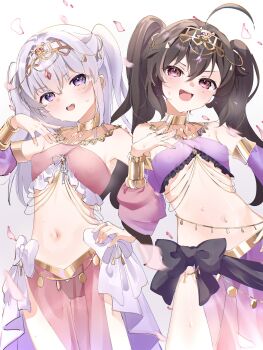 2girls absurdres ahoge arabian_clothes bare_shoulders black_hair blush breasts brown_hair chunithm commentary_request dancer highres jewelry long_hair looking_at_viewer midriff multiple_girls navel necklace onimamushi_airi onimamushi_yuria open_mouth petals purple_eyes see-through_clothes small_breasts smile taktalfine twintails veil