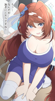 1girl animal_ears blue_bow blue_eyes blush bow braid braided_hair_rings breasts brown_hair cleavage commentary_request ear_bow ears_down flying_sweatdrops hair_between_eyes hair_rings highres horse_ears horse_girl horse_tail huge_breasts large_breasts long_hair looking_at_viewer multicolored_hair nel-c open_mouth school_swimsuit sitting skindentation solo speech_bubble streaked_hair super_creek_(umamusume) swimsuit tail thighhighs thighs tracen_swimsuit translation_request umamusume white_streaks white_thighhighs