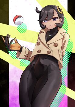 0827jona 1girl :3 absurdres aged_up arm_behind_back black_bodysuit black_gloves black_hair bodysuit bodysuit_under_clothes brown_jacket closed_mouth commentary_request cowboy_shot cowlick dark-skinned_female dark_skin emma_(pokemon) gloves hair_between_eyes hair_ornament highres jacket latex latex_bodysuit long_sleeves looking_at_viewer mega_stone nintendo orange_gloves poke_ball poke_ball_(basic) pokemon pokemon_legends:_z-a purple_eyes short_hair sidelocks smile solo standing swept_bangs two-tone_gloves