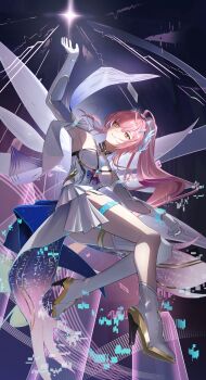 1girl absurdres aemeath_(wuthering_waves) arm_up bare_shoulders breasts closed_mouth commentary_request elbow_gloves glitch gloves hair_ornament high_heels highres leotard medium_breasts orange_eyes pink_hair ponytail skirt smile solo star-shaped_pupils star_(symbol) symbol-shaped_pupils tacet_mark_(wuthering_waves) thighs twisted_torso white_gloves white_leotard white_skirt wuthering_waves zinuzinuman2