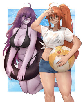 Rule 34 | 2girls, ahoge, arm over head, badeline, ball, bare shoulders, beachball, bikini, black bikini, blue sky, blush, border, breasts, celeste (game), cleavage, closed mouth, colored sclera, colored skin, crop top, denim, denim shorts, floating, food print, fruit print, grin, hannesfkr, highres, innertube, long hair, looking at viewer, looking to the side, madeline (celeste), multiple girls, navel, open mouth, orange hair, ponytail, purple hair, purple nails, purple skin, red sclera, shirt, shorts, sky, smile, strawberry print, swim ring, swimsuit, tied shirt, tongue, tongue out, white border, white shirt
