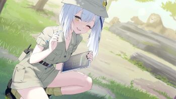 1girl ;d aged_up artist_request asymmetrical_hair azur_lane belt belt_pouch black_belt black_footwear black_nails blue_ribbon blush boots breast_pocket breasts bucket_hat buttons cleavage collarbone collared_shirt day dutch_angle fingernails grass green_shirt green_shorts grey_hair hair_ornament hair_ribbon hat helmet highres holding holding_stylus holding_tablet_pc long_hair looking_at_viewer medium_breasts nail_polish nature non-web_source oceana_(azur_lane) official_art one_eye_closed open_mouth outdoors pen pith_helmet pocket pouch ribbon rock shirt shoes short_sleeves shorts side_ponytail siren_(azur_lane) smile socks solo squatting stylus sunlight tablet_pc thighs tree yellow_eyes yellow_socks