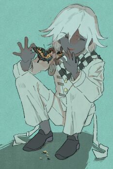 Rule 34 | 1boy, absurdres, black eyes, buchi (qooo003), bug, butterfly, buttons, checkered clothes, checkered scarf, commentary request, danganronpa (series), danganronpa v3: killing harmony, dark-skinned male, dark skin, evil smile, flipped hair, full body, green background, hair between eyes, highres, holding butterfly, insect, inverted colors, long sleeves, looking to the side, male focus, narrowed eyes, oma kokichi, orange butterfly, pants, scarf, shadow, short hair, simple background, smile, solo, squatting, tearing up, thigh strap, two-tone scarf, white hair
