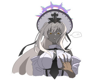 1girl 1other ? ?? black_necktie breasts colored_skin cropped_torso detached_sleeves disembodied_hand enikk_(nikke) goddess_of_victory:_nikke grabbing_another's_breast grey_skin groping halo hat highres large_breasts long_hair long_sleeves looking_at_viewer necktie parted_lips purple_halo simple_background solo_focus wge white_background white_hair white_hat yellow_eyes