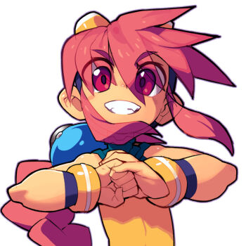 Rule 34 | 1girl, braid, braided ponytail, cracking knuckles, flat chest, korone (metata), long hair, looking at viewer, metata, one-piece swimsuit, original, red eyes, red hair, smile, solo, swimsuit, teeth, upper body