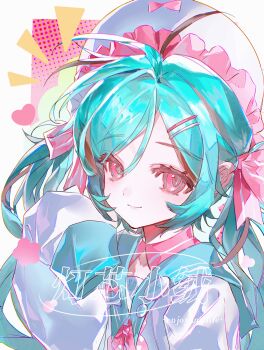 1girl blue_hair blue_sailor_collar blush bow closed_mouth collarbone commission dengxin_xiao_rong eyelashes flower hair_bow hair_ornament hairpin headdress heart highres long_hair long_sleeves looking_at_viewer mihuashi_commission multicolored_hair original pink_bow pink_eyes pink_flower sailor_collar screentones sidelocks sleeves_past_fingers sleeves_past_wrists smile solo streaked_hair twintails upper_body watermark