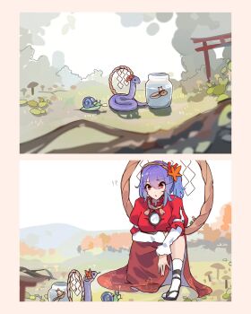 animalization arm_on_knee black_sandals confused frog_hair_ornament gohei hair_ornament highres holding holding_gohei jar kaliningradg kochiya_sanae leaf_hair_ornament leaf_print long_skirt long_sleeves maple_leaf_hair_ornament moriya_suwako moriya_suwako_(frog) moss mountain mushroom outdoors purple_hair red_eyes red_shirt red_skirt rope sandals shimenawa shinto shirt skirt snail snake socks squatting sweat tadpole torii touhou tree white_shirt white_socks yasaka_kanako yasaka_kanako_(snake)
