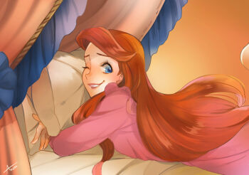 Rule 34 | 1girl, ;), ano (sbee), ariel (disney), artist name, bed, blue eyes, curtains, disney, female focus, happy, heel up, high heels, long hair, looking at viewer, lying, nightgown, one eye closed, pillow, red hair, smile, solo, the little mermaid (disney)