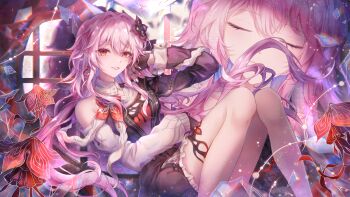 Rule 34 | 2girls, absurdres, asymmetrical dress, black dress, black flower, black gloves, closed eyes, danli suri, dress, dual persona, earrings, evernight (honkai: star rail), evey (honkai: star rail), feet out of frame, floating hair, flower, gloves, hair between eyes, hair flower, hair ornament, hand up, highres, honkai: star rail, honkai (series), jewelry, knees up, long hair, long sleeves, looking at viewer, low twintails, march 7th (honkai: star rail), march 7th (preservation) (honkai: star rail), medium hair, multiple girls, parted lips, pink hair, red eyes, single bare shoulder, single earring, sitting, smile, solo focus, twintails, very long hair