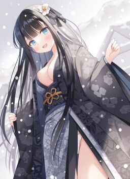 1girl black_hair black_sash blue_eyes blush breasts check_copyright cleavage commentary_request copyright_request flower grey_kimono hair_flower hair_ornament hoshino_koucha japanese_clothes kimono long_hair looking_at_viewer medium_breasts obi open_mouth original outdoors panties panty_peek sash snowing solo underwear very_long_hair white_flower