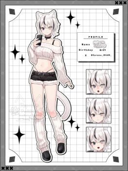 1girl :d agamemega bare_shoulders bell belt black_eyes black_nails black_panties black_shoes black_streaks bra_strap breasts cat_girl choker close-up collarbone commentary_request crop_top cropped_sweater d: denim denim_shorts fang frown full_body grey_background grid_background hair_between_eyes heterochromia highres holding holding_phone large_breasts leg_warmers legs light_smile lively_night long_sleeves multicolored_hair navel open_mouth original outline panties pantylines phone second-party_source shoes short_hair short_shorts shorts simple_background sleeves_past_wrists smile sorane_(lively_night) stomach streaked_hair sweater thighs tongue underwear virtual_youtuber white_background white_eyes white_hair white_outline
