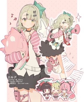 Rule 34 | 3girls, angels of delusion, aqua streaks, arm warmers, bandaid, bandaid hair ornament, black choker, black hair, black skirt, chibi, choker, colored inner hair, commentary request, crying, dress, earrings, erua ( 8eru), fur-trimmed skirt, fur trim, green eyes, green hair, green halo, hair ornament, halo, highres, holding, holding megaphone, jewelry, leg up, leg warmers, megaphone, multicolored hair, multiple girls, multiple hair clips, multiple thigh straps, musical note earrings, nangong yu, necktie, one eye closed, open mouth, pink arm warmers, pink bag, pink hair, pink leg warmers, red eyes, red necktie, shirt, short twintails, skirt, smile, streaked hair, striped arm warmers, striped leg warmers, sunna (afternoon tea break) (zenless zone zero), sunna (zenless zone zero), thigh strap, twintails, white dress, white shirt, white wings, winged bag, wings, y2k fashion, zenless zone zero