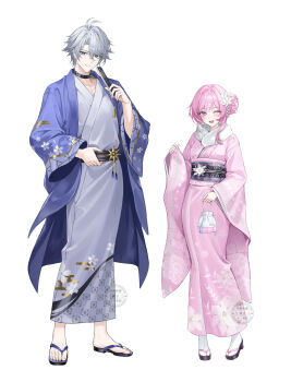 1boy 1girl absurdres alternate_costume alternate_hairstyle bag black_choker black_sandals blue_eyes breasts choker closed_mouth collarbone commentary cyrene_(honkai:_star_rail) cyrene_(ripples_of_past_reverie)_(honkai:_star_rail) fingernails full_body fur-trimmed_kimono fur_trim grey_hair hair_up hand_fan hand_up haori highres holding holding_bag holding_fan honkai:_star_rail honkai_(series) japanese_clothes kimono light_blush long_sleeves looking_at_viewer male_focus medium_breasts medium_hair nail_polish obi one_eye_closed open_mouth parted_bangs phainon_(honkai:_star_rail) pink_eyes pink_hair pink_kimono pink_nails sandals sash short_hair sicle simple_background smile standing symbol-only_commentary watermark white_background white_kimono wide_sleeves zouri