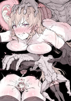 1boy 1girl bar_censor black_gloves black_thighhighs blonde_hair blush boy_on_top breasts censored clenched_teeth commentary_request cum cum_in_pussy gloves hand_on_another's_head haoni highres large_breasts lying nakiri_erina nude on_stomach parted_lips prone_bone purple_eyes pussy rough_sex sex sex_from_behind shokugeki_no_souma sweat tears teeth thighhighs v-shaped_eyebrows vaginal