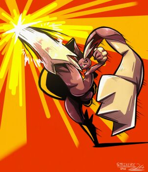 :o ass brown_sclera colored_sclera full_body furry gen_4_pokemon highres kicking leg_lift leg_up lopunny nintendo pink_eyes pokemon pokemon_(creature) rabbit_ears red_background signature simple_background smile standing standing_on_one_leg strikeboi24