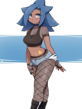1girl black_tank_top blue_eyes blue_hair blue_shorts blush breasts closed_mouth commentary cowboy_shot crop_top dark-skinned_female dark_skin english_commentary fingerless_gloves fishnet_pantyhose fishnets gloves grey_gloves grey_pantyhose highres looking_at_viewer medium_breasts micro_shorts midriff oninuer original pantyhose see-through_clothes see-through_shirt shirt short_sleeves shorts solo star_(symbol) star_tattoo tank_top tattoo white_background