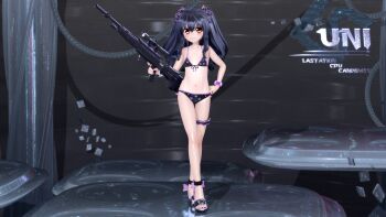 10s 1girl 3d bikini bracelet english_text female_focus full_body gs-mantis gun highres jewelry looking_at_viewer nail_polish navel neptune_(series) platform_sandals rifle sandals sniper_rifle solo swimsuit thigh_strap toenail_polish toenails toes uni_(neptunia) weapon