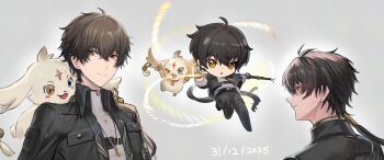 Rule 34 | 1boy, abby (wuthering waves), asukayou, black hair, black jacket, chibi, chibi inset, chinese commentary, closed mouth, commentary, commentary request, english commentary, grey shirt, hair between eyes, highres, jacket, jewelry, looking at viewer, male focus, male rover (wuthering waves), mixed-language commentary, multiple views, necklace, rover (wuthering waves), shirt, smile, wuthering waves, yellow eyes