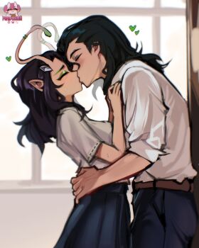 1boy 1girl absurdres alien alternate_costume antennae artist_name belt black_hair black_pants black_skirt brown_belt closed_eyes commentary couple cowboy_shot english_commentary eyeshadow green_eyeshadow green_nails guardians_of_the_galaxy hair_ornament hair_slicked_back hairclip hand_on_another&#039;s_shoulder hands_on_another&#039;s_hips hetero highres kiss loki_(marvel) long_hair makeup mantis_(marvel) marvel marvel_rivals oshiimad pants pleated_skirt pointy_ears profile shirt shirt_tucked_in sketch skirt sleeves_rolled_up sweatdrop white_background white_shirt window