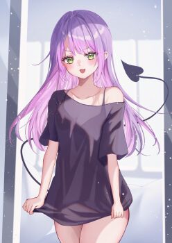 Rule 34 | 1girl, black shirt, black tail, blush, commentary request, cowboy shot, demon girl, demon tail, green eyes, highres, hololive, long hair, purple hair, shirt, single bare shoulder, single off shoulder, solo, tail, thdlyesf0ubp9d3, tokoyami towa, virtual youtuber