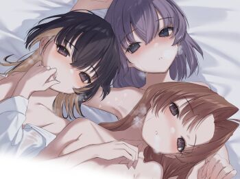 artist_self-insert bare_shoulders breath character_request collared_shirt colored_inner_hair commission dress_shirt grey_hair hair_intakes highres kagerou_(kancolle) kanae_(inorin05kanae) kantai_collection long_hair looking_at_viewer lying multicolored_hair original shiranui_(kancolle) shirt short_hair skeb_commission upper_body white_shirt