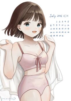 Rule 34 | 1girl, bikini, bikini ribbon, blue eyes, bob cut, brown hair, calendar (medium), choppy bangs, cowboy shot, hand up, highres, holding, holding towel, nena labo, open mouth, original, pink bikini, pink ribbon, ribbon, short hair, signature, simple background, smile, solo, standing, swimsuit, towel, white background