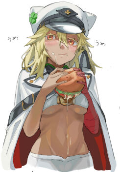 Rule 34 | 1girl, animal hat, bandaged arm, bandages, bikini, blonde hair, blush, breasts, burger, cat hat, cloak, colored eyelashes, eating, food, guilty gear, guilty gear strive, hat, long hair, looking at viewer, medium breasts, navel, orange eyes, ramlethal valentine, sharekoube, shorts, solo, swimsuit, white bikini, white cloak, white shorts