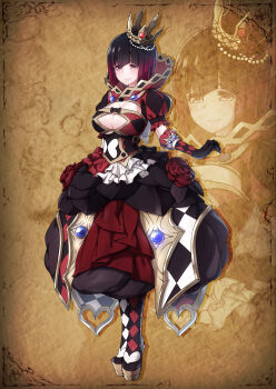 1girl absurdres alice&#039;s_adventures_in_wonderland asymmetrical_footwear black_gloves black_hair black_shoes breasts brown_background commentary_request crown dress full_body gloves gradient_hair heart highres large_breasts lips looking_at_viewer multicolored_hair puffy_short_sleeves puffy_sleeves queen_of_hearts_(alice_in_wonderland) red_eyes red_hair shoes short_sleeves standing takatun223 zoom_layer