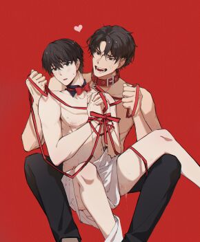 2boys absurdres bdsm belt_collar bite_mark black_hair bondage bound bound_wrists collar commentary_request curtained_hair grin hands_up head_tilt heart highres kim_dokja looking_at_another male_focus multiple_boys nipples omniscient_reader&#039;s_viewpoint open_mouth pectorals pelvic_curtain sanjinmogufufu short_hair sitting sitting_on_lap sitting_on_person smile sweatdrop toned toned_male yaoi yoo_joonghyuk