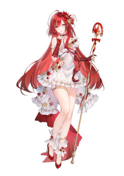 1girl absurdres ahoge bare_shoulders bow braid breasts character_request check_copyright chinese_commentary collarbone commentary_request copyright_request covered_navel dress earrings elbow_gloves fingerless_gloves fingernails flower full_body gift_art gloves hair_bow hair_flower hair_ornament hand_up high_heels highres holding holding_staff huge_ahoge indie_virtual_youtuber jewelry long_hair looking_at_viewer medium_breasts multicolored_hair nail_polish parted_lips q18607 red_bow red_eyes red_flower red_gloves red_hair red_nails red_pupils red_shoes shoes simple_background smile solo staff streaked_hair tachi-e thighlet thighs virtual_youtuber white_background white_dress