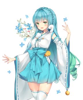 1girl animal bell blue_hair blush braid breasts commentary commission crown_braid female_focus flower green_eyes hakama hakama_short_skirt hakama_skirt highres japanese_clothes long_hair looking_at_viewer medium_breasts open_mouth original serpent simple_background skirt sleeveless smile solo tena thighhighs white_background white_thighhighs wide_sleeves zettai_ryouiki