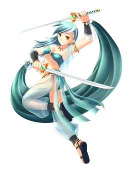 1girl anklet bracelet commentary dancer dual_wielding earrings female_focus full_body highres holding jewelry lyra_heartstrings my_little_pony my_little_pony:_friendship_is_magic personification sandals simple_background solo sword transparent_background weapon yatonokami