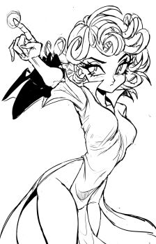 blush bottomless curly_hair dress gluteal_fold highres magic medium_hair one-punch_man pointing side_slit sketch tatsumaki teevo thighs