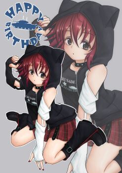 Rule 34 | 1girl, :o, absurdres, amanone yun, animal hood, asymmetrical sleeves, black boots, black hoodie, black nails, black shirt, boots, casual, cat hood, choker, clothes writing, commentary, cranberry (girls und panzer), english text, girls und panzer, grey background, happy birthday, highres, hood, hood up, hoodie, looking at viewer, miniskirt, mismatched sleeves, open clothes, open hoodie, outline, parted lips, plaid clothes, plaid skirt, pleated skirt, red hair, red skirt, shirt, short hair, sitting, skirt, sleeveless, sleeveless hoodie, solo, spiked choker, spikes, wariza, white outline, zoom layer