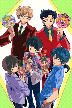 absurdres ache_jiao_ache bishoujo_senshi_sailor_moon black_hair blonde_hair blue_eyes blue_jacket character_request copyright_request crossover diagonal-striped_clothes diagonal-striped_necktie flat_chest frown fujioka_haruhi gekkan_shoujo_nozaki-kun green_eyes hand_fan hand_in_pocket highres holding holding_fan hori_masayuki jacket kashima_yuu long_hair multiple_crossover neckerchief necktie open_mouth ouran_high_school_host_club ouran_high_school_uniform paper_fan ponytail princess_serenity reverse_trap school_uniform seiya_kou shirt short_hair signature smile striped_clothes striped_shirt ten'ou_haruka trait_connection translation_request tsukino_usagi uchiwa very_long_hair yellow_neckerchief