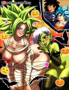 2boys 2girls ass blush breasts broly_(dragon_ball_super) cheelai colored_skin dragon_ball dragon_ball_super dragon_ball_super_broly earrings green_hair green_skin halloween halloween_costume highres jewelry kefla_(dragon_ball) large_breasts multiple_boys multiple_girls mummy_costume nipples potara_earrings potara_fusion rezp short_hair thick_thighs thighs tongue tongue_out vegetto