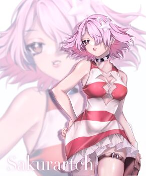 1girl artist_name bag bare_arms black_choker blurry blurry_background bow breasts brown_eyes character_name choker cleavage collarbone commentary curly_hair dr._stone dress english_commentary flower hair_flower hair_ornament hair_over_one_eye hand_on_own_hip highres holding holding_bag lips lipstick luna_wright makeup medium_breasts parted_lips pink_hair pink_lips sakurartch short_dress short_hair simple_background sleeveless solo star_(symbol) star_choker striped_clothes striped_dress thigh_strap twitter_username zoom_layer