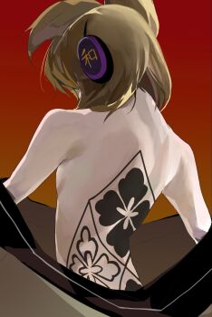 Rule 34 | 1girl, back, back tattoo, bare back, blonde hair, commentary request, earphones, flower tattoo, from behind, highres, io16sii, medium hair, pointy hair, red background, solo, tattoo, touhou, toyosatomimi no miko, undressing