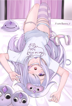 Rule 34 | 1girl, bestrix, commentary, english commentary, face jewel, hair over one eye, highres, hololive, hololive english, indoors, jewel under eye, knees up, koseki bijou, koseki bijou (pebble pajamas), long hair, looking at viewer, lying, on back, on bed, open mouth, panties, pebble (koseki bijou), purple eyes, purple hair, purple panties, short sleeves, single bare foot, single thighhigh, solo, striped clothes, striped thighhighs, thigh strap, thighhighs, underwear, upside-down, virtual youtuber