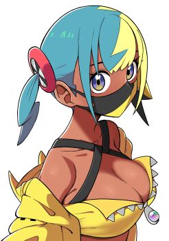 1girl absurdres aqua_eyes bandeau black_hair black_mask blonde_hair breasts canari_(pokemon) cleavage collarbone dark-skinned_female dark_skin highres jacket looking_at_viewer mask mouth_mask multicolored_hair n_k_m nintendo pokemon pokemon_legends:_z-a purple_eyes simple_background solo upper_body white_background yellow_bandeau yellow_jacket yellow_mask