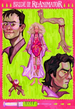 1girl 2boys ambiguous_green_liquid barefoot blank_eyes blonde_hair body_horror border bride_of_re-animator bright_pupils brown_eyes brown_hair collared_shirt colored_sclera colorful commentary copyright_name cropped_head curly_hair dan_cain disembodied_eye dress dripping english_commentary frown goggles green_background green_sclera heart_(organ) herbert_west highres horror_(theme) long_hair long_sleeves looking_at_viewer male_focus multiple_boys neon_palette no_mouth pink_background pink_border pink_dress purple_eyes quezify re-animator severed_finger severed_limb shirt short_hair smile stitched_arm stitched_leg stitches striped_clothes striped_shirt syringe the_bride_(re-animator)
