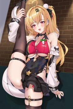 1girl against_wall ahoge blonde_hair blush breasts cissia_(zenless_zone_zero) commentary_request detached_sleeves fangs highres large_breasts long_hair matrix16 metal_wrist_cuffs open_mouth red_eyes shock_collar snake snake_girl snake_tail solo split standing standing_on_one_leg standing_split tail underboob white_sleeves white_snake white_tail zenless_zone_zero