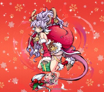 1girl antlers bell belt_collar black_gloves blush box breast_curtain breasts brown_sash closed_mouth collar commentary_request company_name copyright_logo copyright_name copyright_notice detached_sleeves embarrassed fingerless_gloves from_side full_body gift gift_box gloves hair_between_eyes hand_up high_ponytail highres himegami_kagura holding holding_sack horns kneeling logo long_hair looking_at_viewer ms06s neck_bell obi official_art ponytail purple_hair red_background reindeer_antlers sack santa_costume sash shifushou_(himegami_kagura) sideboob snowflakes solo star_(symbol) tail thighs wavy_hair wavy_mouth wide_sleeves yellow_eyes