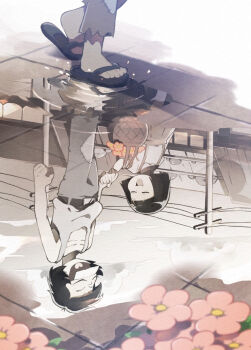 1boy 1girl belt blunt_bangs bob_cut buck_teeth child closed_eyes flip-flops flower heart heart_in_mouth highres iyami monochrome okiku_(osomatsu-kun) osomatsu-san osomatsu_(series) ouka_(stan) patchwork_clothes pink_flower puddle reflected_worlds sandals skinny smile spot_color teeth walking