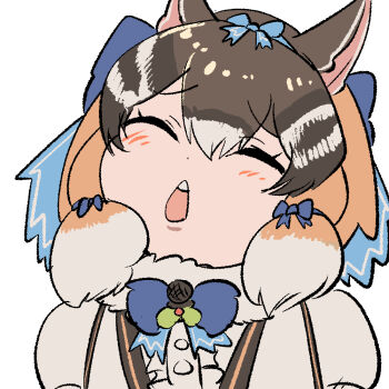 Rule 34 | 1girl, animal ears, blue ribbon, blush, brown hair, chipmunk ears, chipmunk girl, closed eyes, commentary, extra ears, grey shirt, grey vest, kemono friends, kemono friends v project, mcgunngu, microphone, ribbon, shirt, short hair, siberian chipmunk (kemono friends), simple background, solo, upper body, vest, virtual youtuber