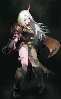1girl absurdres armor armored_boots axe battle_axe black_background black_sclera boots breastplate chaos_(warhammer) colored_sclera colored_skin gauntlets gemi_ningen highres holding holding_axe horns long_hair nurgle pauldrons scar sharp_teeth sharp_tongue shoulder_armor single_horn teeth tentacles tentacles_under_clothes tongue tongue_out upper_teeth_only warhammer_40k weapon white_eyes white_hair white_skin yellow_eyes